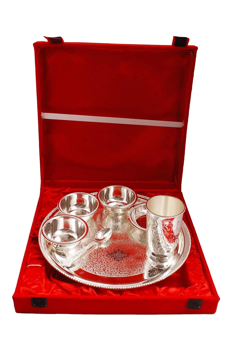 Indian Art Villa Silver Plated Embossed Design Dinner Thali Dinnerware Set 7 Pieces - Image 2