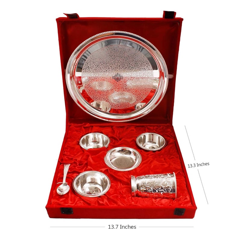 Indian Art Villa Silver Plated Embossed Design Dinner Thali Dinnerware Set 7 Pieces - Image 3