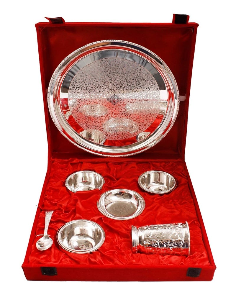 Indian Art Villa Silver Plated Embossed Design Dinner Thali Dinnerware Set 7 Pieces - Image 1
