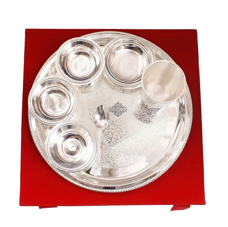 Indian Art Villa Silver Plated Embossed Design Dinner Thali Dinnerware Set 7 Pieces - Image 4