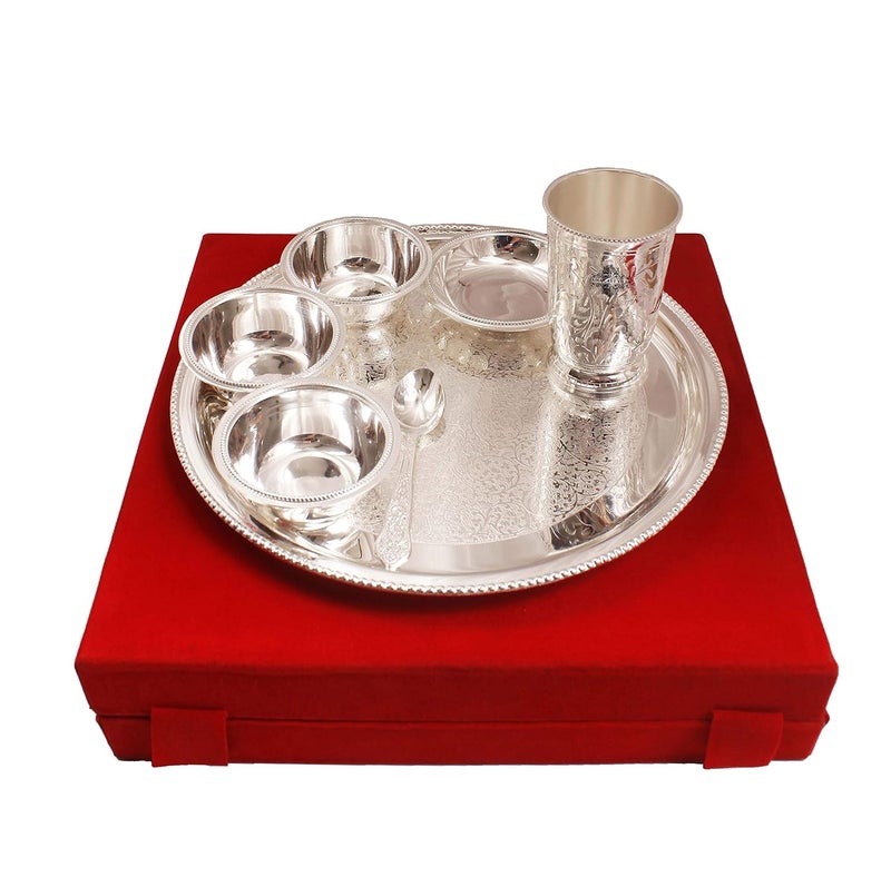 Indian Art Villa Silver Plated Embossed Design Dinner Thali Dinnerware Set 7 Pieces - Image 5