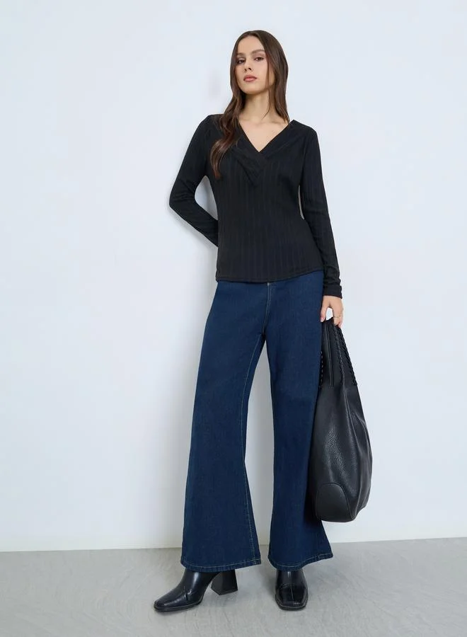 Take Two Black Ribbed V-Neck Long Sleeve Top