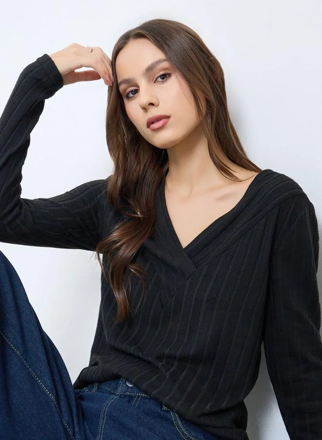 Take Two Black Ribbed V-Neck Long Sleeve Top