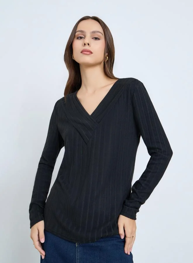Take Two Black Ribbed V-Neck Long Sleeve Top