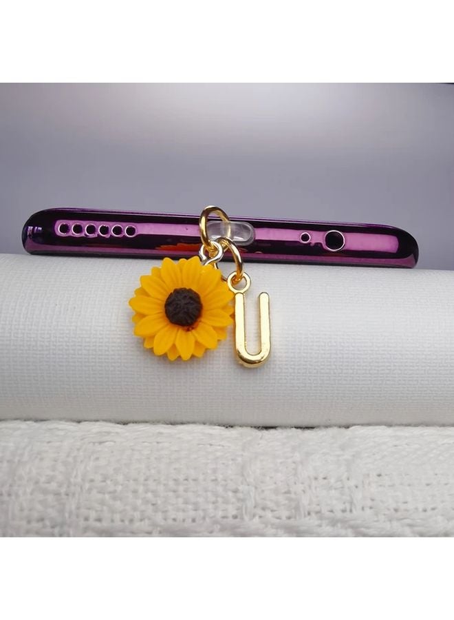 Golden U Letter Sunflower Phone Dust Plug For IPhone 5 To 14 Interface Charging Port Cover - Image 1