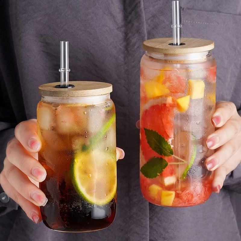 SKDBPM Ice Juice Drinks Glass Can Mug with Straw for Milk/Coffee/Green Tea Cup Set of 1-510ml Transparent Printed Can Shape Cup (Pack of 1) (Wooden LID CAN) - Image 3
