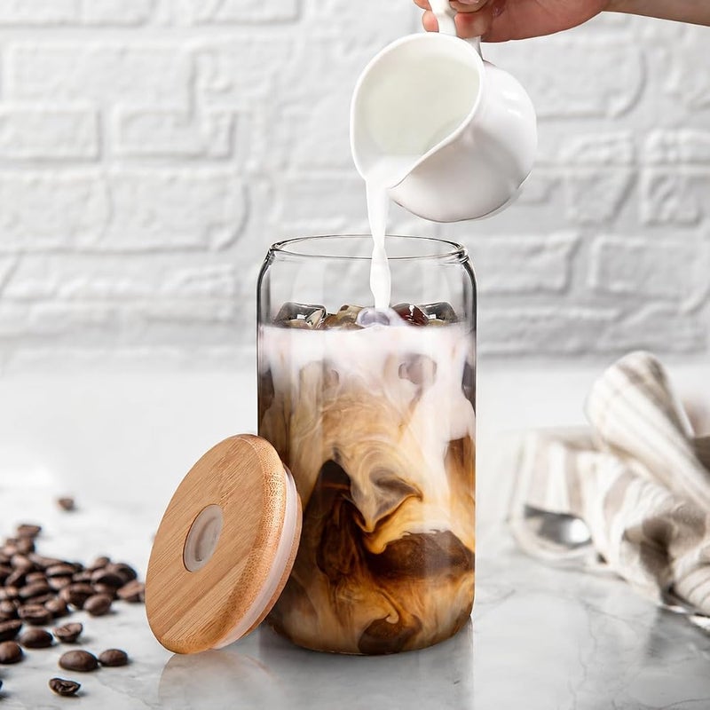 SKDBPM Ice Juice Drinks Glass Can Mug with Straw for Milk/Coffee/Green Tea Cup Set of 1-510ml Transparent Printed Can Shape Cup (Pack of 1) (Wooden LID CAN) - Image 1