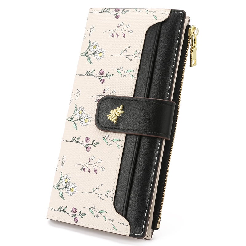 GAEKEAO Womens Wallet Slim Thin RFID Blocking Floral Vegan Leather Card Holder Bifold Long Ladies Wallet with Zipper Pocket - Image 1