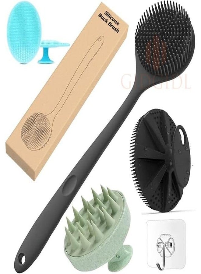 Axenta Soft Silicone Back Scrubber Long Handle Bath Brush + Body Scrubber Bath Brush + Scalp Massager for Hair + Face Scrubber Brush, Combination Combo, Super-Exfoliating & Lathering Body Scrubber, Shower Brush | BPA-Free | for Men and Women - Image 1