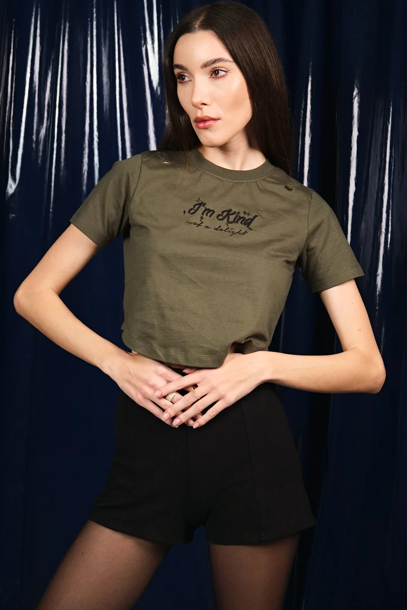 فيرجيو Self Design Cotton Embroidered Distressed Wash Tee for Women