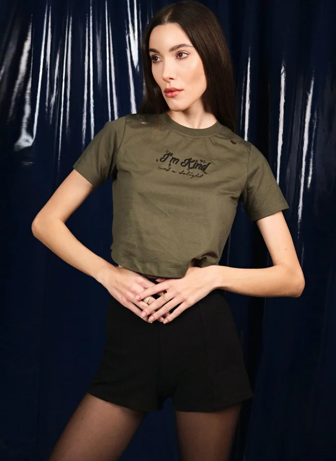 Virgio Virgio Women Typography Printed Crop Cotton T-shirt