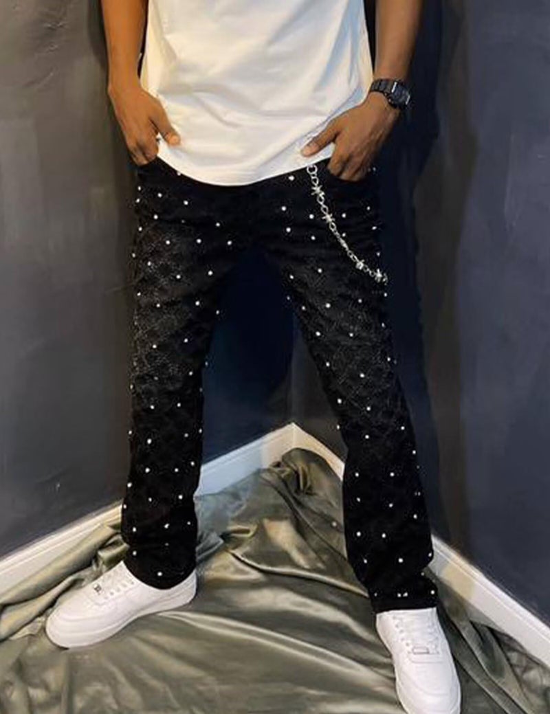 FantasyGears Men Rhinestone Skinny Ripped Jeans Y2k Stretch Slim Fit Stacked Jeans Grunge Denim Pants Black - Image 3