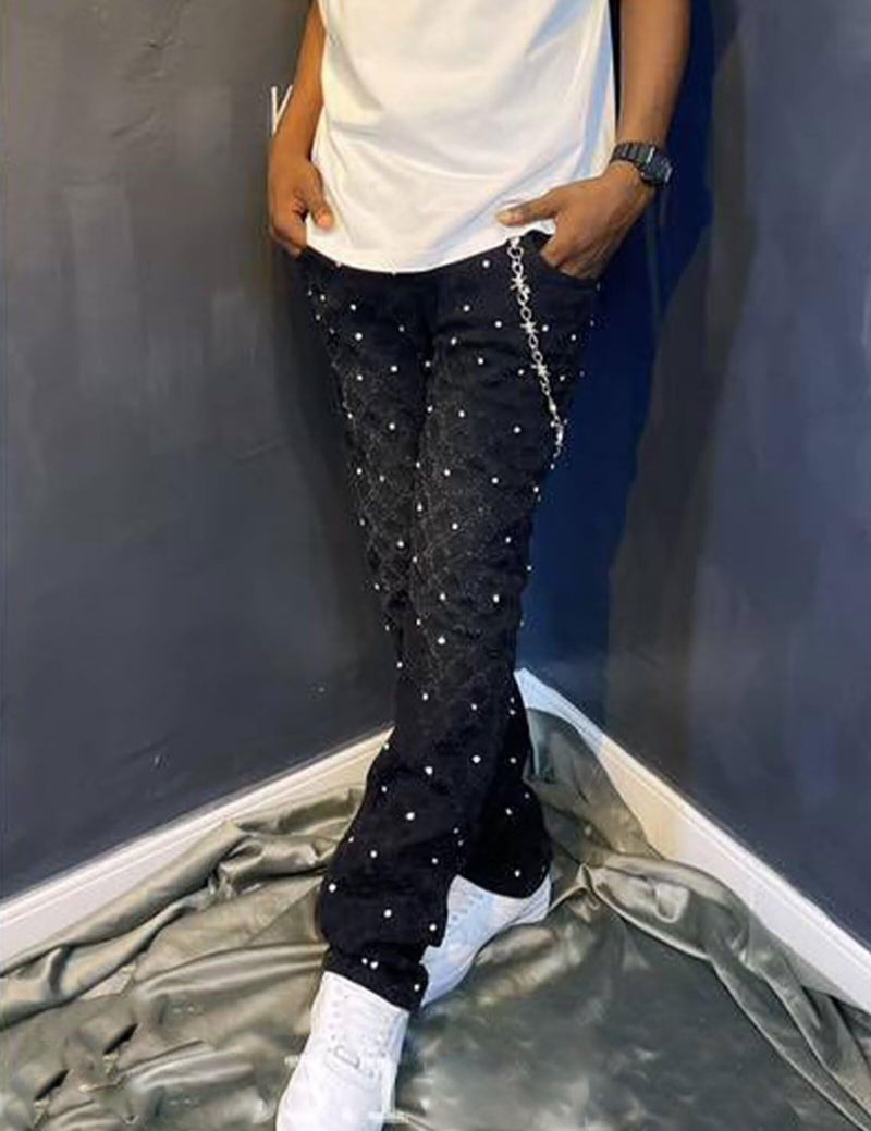 FantasyGears Men Rhinestone Skinny Ripped Jeans Y2k Stretch Slim Fit Stacked Jeans Grunge Denim Pants Black - Image 2