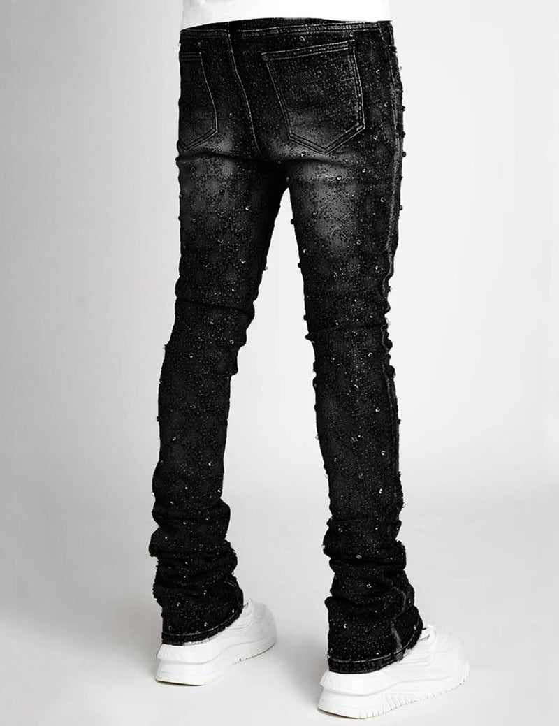 FantasyGears Men Rhinestone Skinny Ripped Jeans Y2k Stretch Slim Fit Stacked Jeans Grunge Denim Pants Black - Image 4