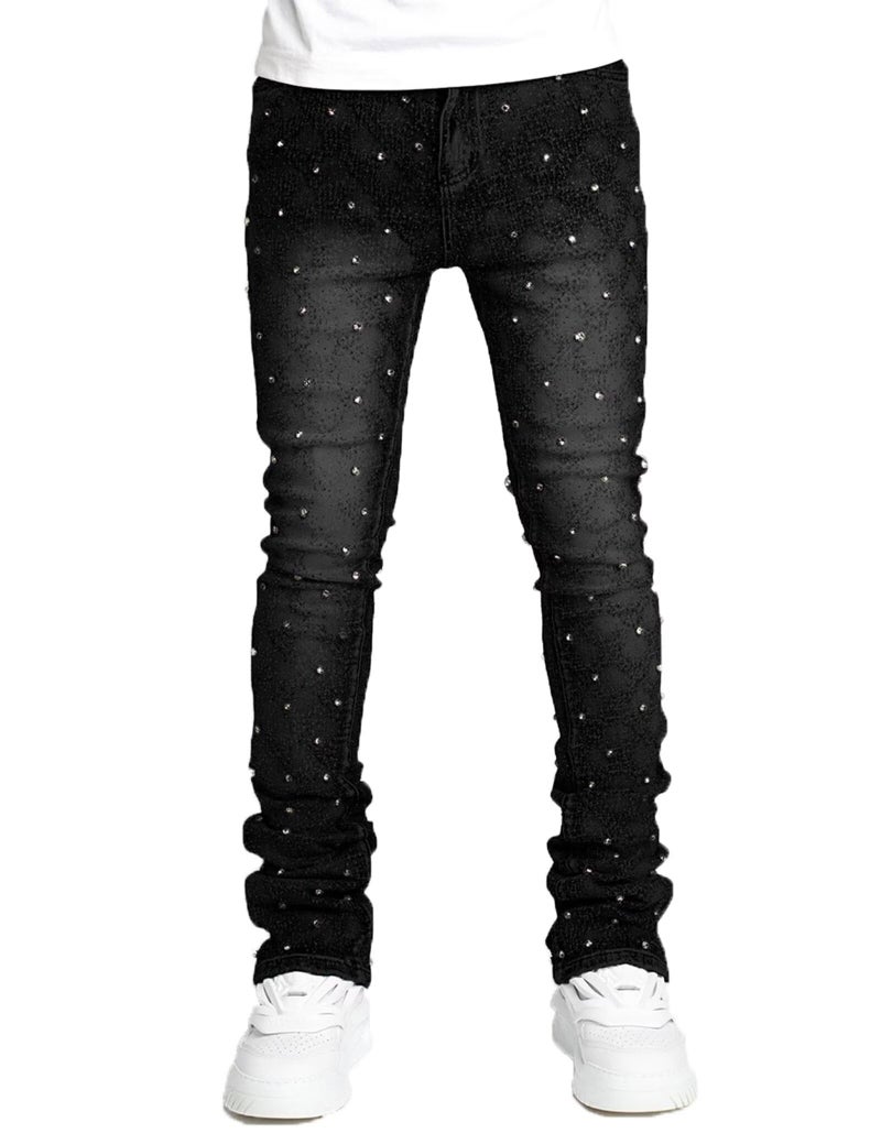 FantasyGears Men Rhinestone Skinny Ripped Jeans Y2k Stretch Slim Fit Stacked Jeans Grunge Denim Pants Black - Image 1