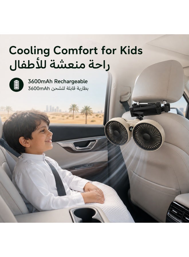 ZERA Rechargeable Dual Head Car Seat Fan 3600mAh, Portable Backseat Cooling Fan for Kids, Pets and Rear Passengers - Image 3