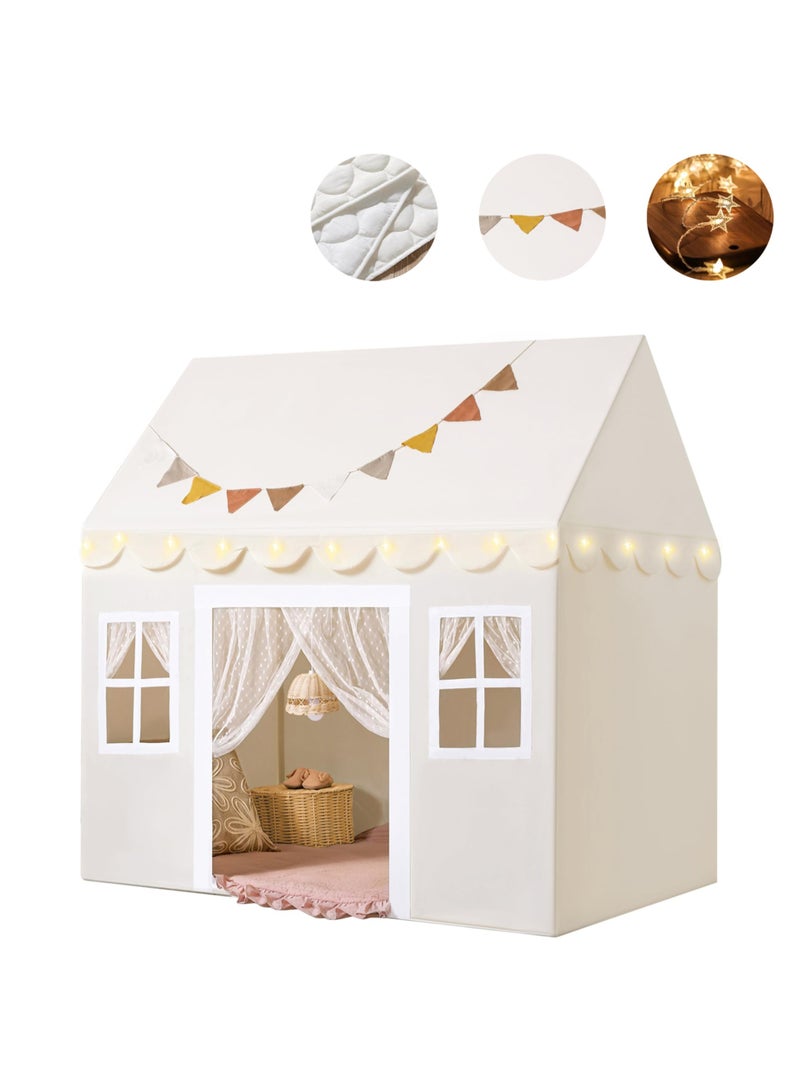 Jourvent Play Tent with Padded Mat & LED Lights, Kids Tent, Playhouse for Kids, Indoor Bed Tent for Toddler, Toys for 3,4,5,6-Year-Old Girls, Neutral Color Play Room Furniture  - Image 1