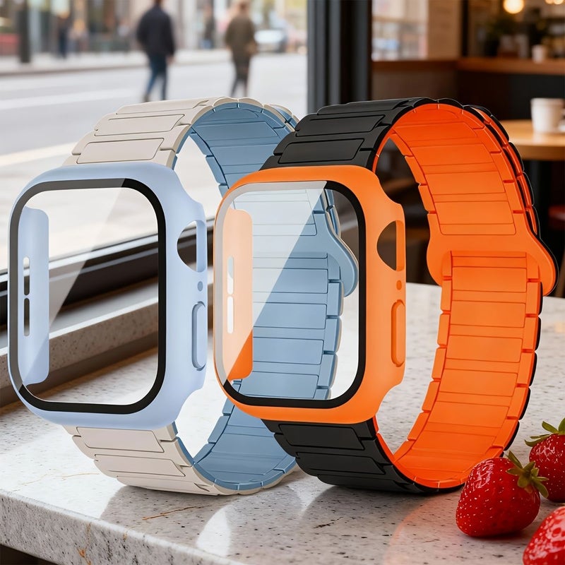 Two Pieces Hard PC Protective Case Plus Magnetic Silicone Watch Band Compatible With Apple Watch Series 11 10 9 8 7 SE 6 5 4 46mm 45mm 44mm 42mm 41mm 40mm Soft Silicone Adjustable Replacement Strap Hard Bumper - Image 1