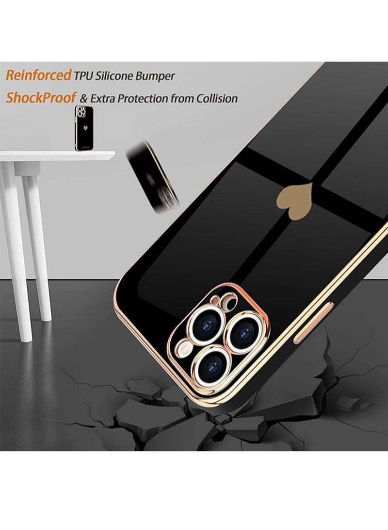 WRISTWISE Case Cover for iPhone 15 Pro with 2 Screen Protectors + 1 Case: Women’s Cute Love-Heart Luxury Gold Soft Cover Camera Protection Bumper Silicone Shockproof Phone Case for iPhone 15 Pro, Black - Image 3