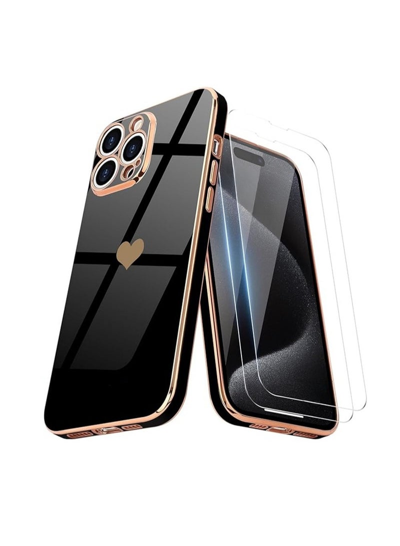WRISTWISE Case Cover for iPhone 15 Pro with 2 Screen Protectors + 1 Case: Women’s Cute Love-Heart Luxury Gold Soft Cover Camera Protection Bumper Silicone Shockproof Phone Case for iPhone 15 Pro, Black - Image 1
