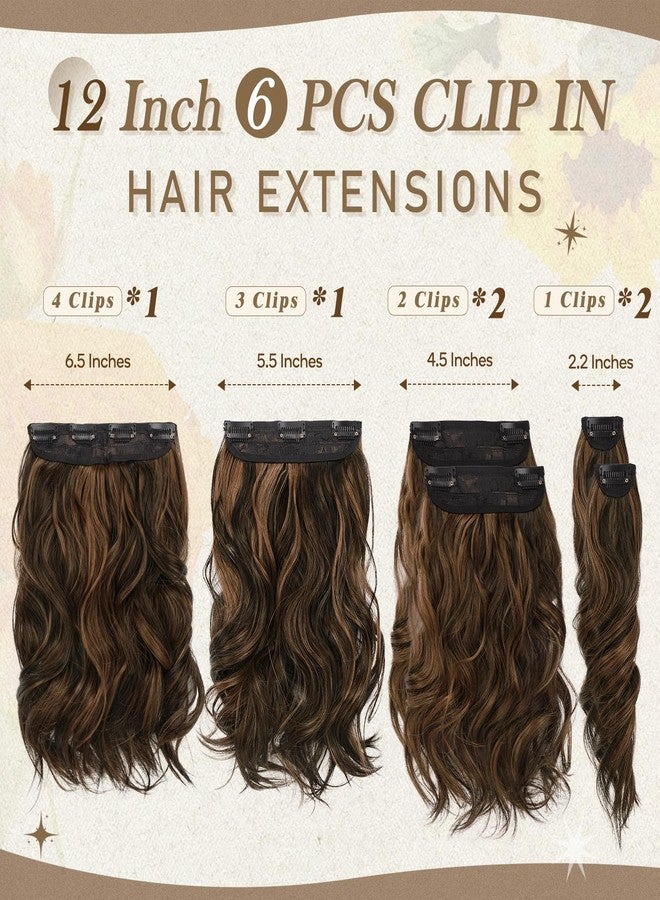 بارسدار وصلات شعر قصيرة مموجة من بارسدار - وصلات شعر مميزة بطول 12 بوصة للنساء - 6 قطع من الشعر الصناعي الناعم والكثيف للاستخدام اليومي - بني داكن مع خصلات فاتحة - Image 2