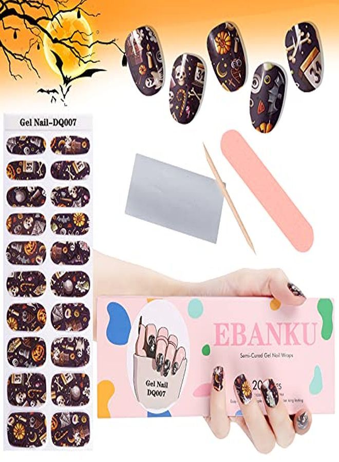 EBANKU Halloween Semi Cured Gel Nail Polish Strips, 20 Stickers Halloween Gel Nail Polish Stickers Wraps Halloween Nail Art Adhesive Stickers With Nail File Stick And Sealing Strip (Uv/Led Lamp Required)  - Image 1