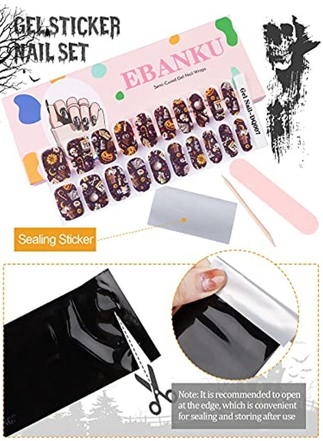 EBANKU Halloween Semi Cured Gel Nail Polish Strips, 20 Stickers Halloween Gel Nail Polish Stickers Wraps Halloween Nail Art Adhesive Stickers With Nail File Stick And Sealing Strip (Uv/Led Lamp Required)  - Image 5