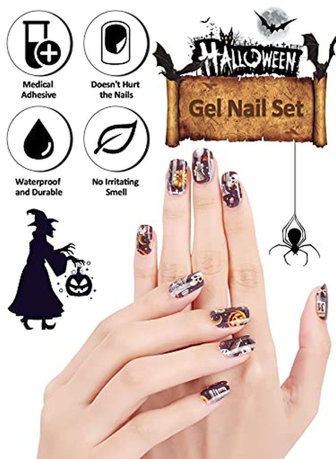 EBANKU Halloween Semi Cured Gel Nail Polish Strips, 20 Stickers Halloween Gel Nail Polish Stickers Wraps Halloween Nail Art Adhesive Stickers With Nail File Stick And Sealing Strip (Uv/Led Lamp Required)  - Image 3