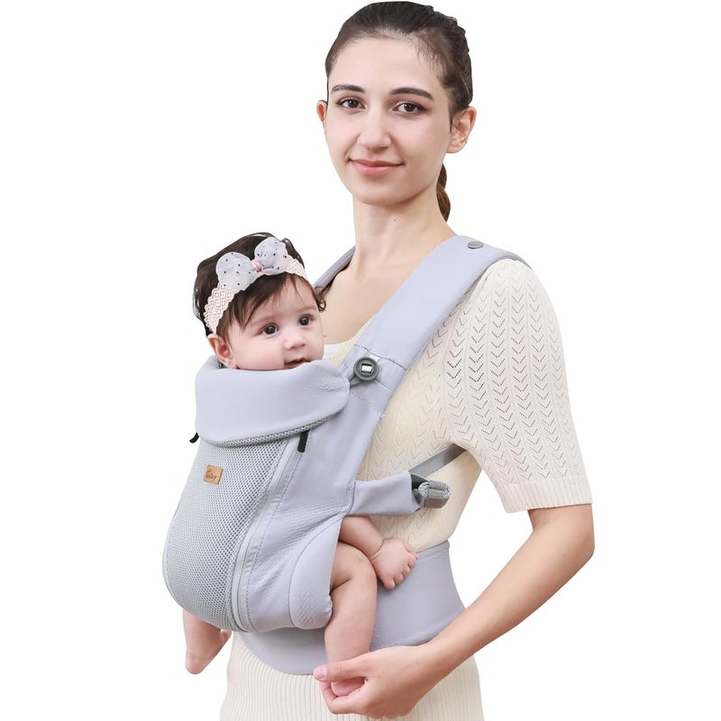 CUBY Newborn Baby Carrier with Head Support and Sunshield Breathable  Adjustable Newborn Toddler Front Baby Carriers HandsFree Newborn Carrier up to 40lbsLight Gray Upgradedwith Waist Belt - Image 1