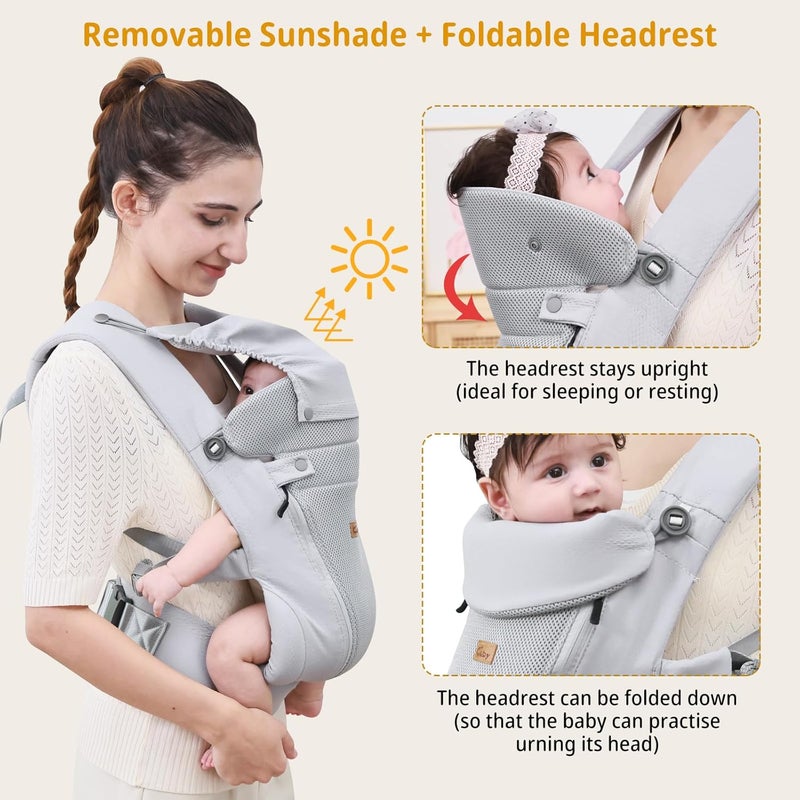 CUBY Newborn Baby Carrier with Head Support and Sunshield Breathable  Adjustable Newborn Toddler Front Baby Carriers HandsFree Newborn Carrier up to 40lbsLight Gray Upgradedwith Waist Belt - Image 4