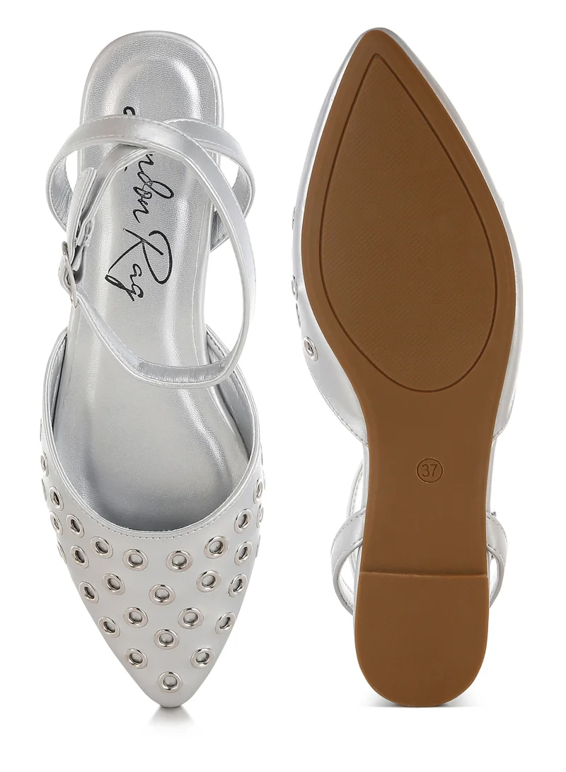 London Rag Metallic Eyelet Detail Flat Sandals in Silver