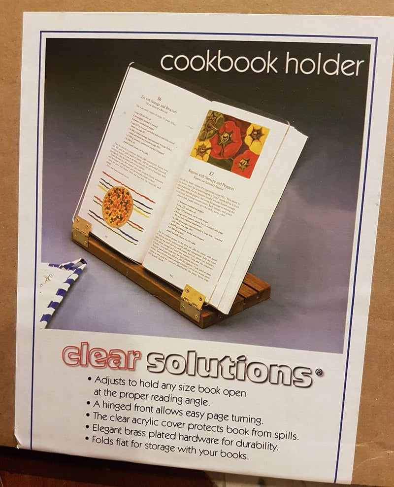 Clear Solutions Original Hinged Cookbook Holder - Acrylic Shield With Wood Base and Brass Plated Hinges - Made in the USA - Image 2