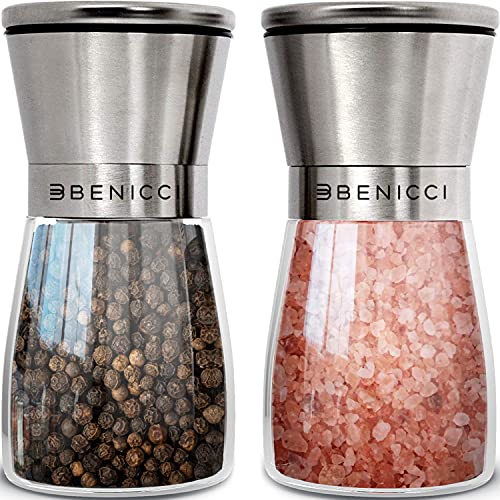 Benicci Beautiful Stainless Steel Salt and Pepper Grinder Set of 2 - Pepper Mill & Salt Mill with Adjustable Coarseness - Glass Spice Shakers - Easy Clean Ceramic Grinders w/Spoon & Cleaning Brush - Image 1