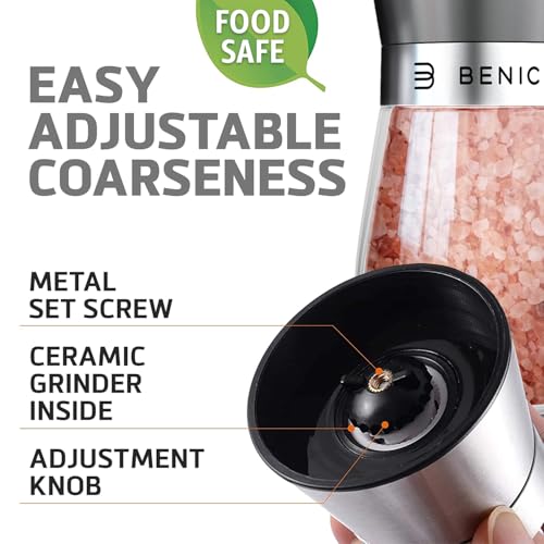 Benicci Beautiful Stainless Steel Salt and Pepper Grinder Set of 2 - Pepper Mill & Salt Mill with Adjustable Coarseness - Glass Spice Shakers - Easy Clean Ceramic Grinders w/Spoon & Cleaning Brush - Image 3