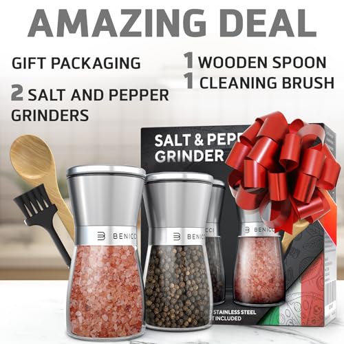 Benicci Beautiful Stainless Steel Salt and Pepper Grinder Set of 2 - Pepper Mill & Salt Mill with Adjustable Coarseness - Glass Spice Shakers - Easy Clean Ceramic Grinders w/Spoon & Cleaning Brush - Image 5