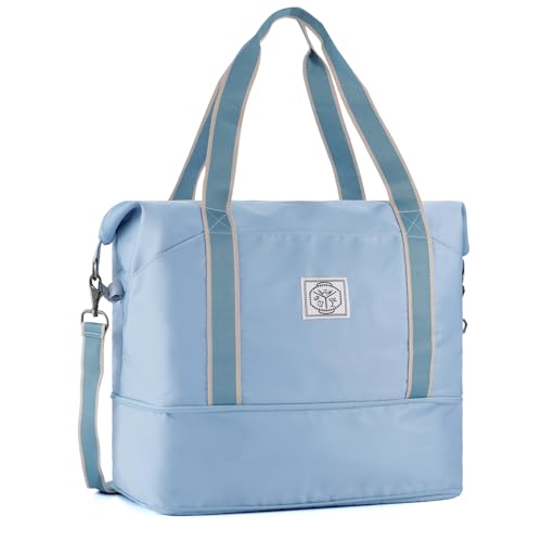 WALNEW Travel Duffel Bag Weekender Overnight Carry On Bag for Women Men Foldable Waterproof Gym Luggage with Metal Buckle Detachable Shoulder Strap and Wet Compartment Light Blue - Image 1