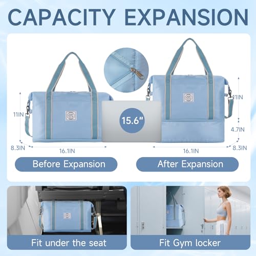 WALNEW Travel Duffel Bag Weekender Overnight Carry On Bag for Women Men Foldable Waterproof Gym Luggage with Metal Buckle Detachable Shoulder Strap and Wet Compartment Light Blue - Image 3