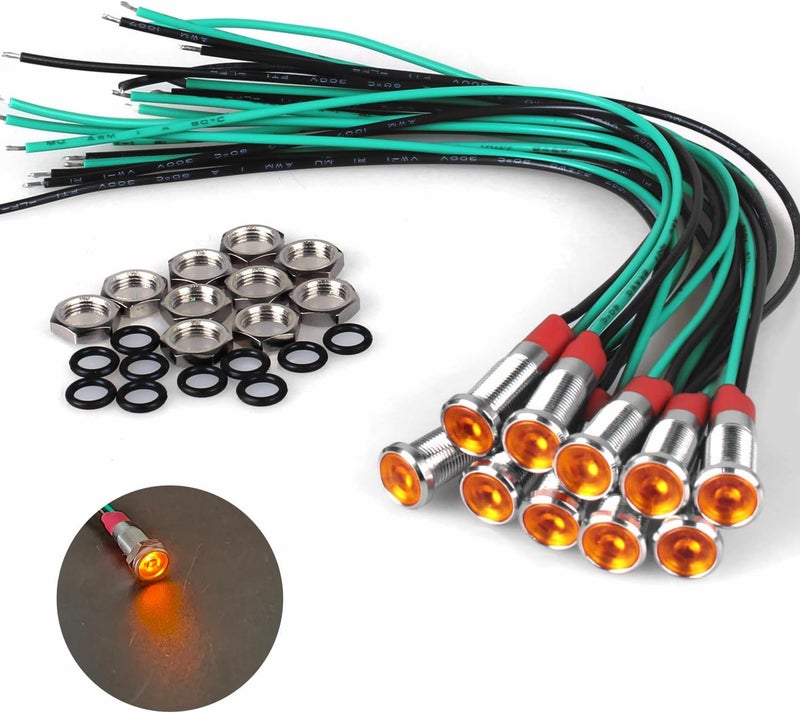 DMWD 10Pcs 6mm (1/4") Energy Saving LED Indicator Light 110V-220V 20mA Metal Waterproof Wide Flat Head Signal Lamp Pilot Dash Directional with Wire （Yellow LED） - Image 1