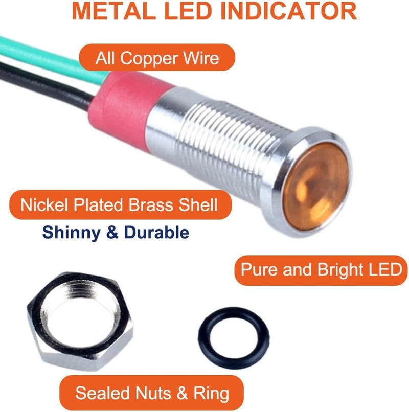 DMWD 10Pcs 6mm (1/4") Energy Saving LED Indicator Light 110V-220V 20mA Metal Waterproof Wide Flat Head Signal Lamp Pilot Dash Directional with Wire （Yellow LED） - Image 3