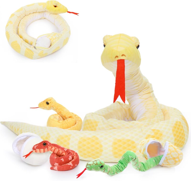 MorisMos Giant Plush Snake, 200cm Soft Mom Snake with 3 Kawaii Babies, Yellow Plush Animal Toy Great Gift for Children Girlfriend Christmas Birthday - Image 1