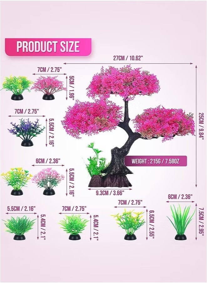 إيليلي 10 قطع من نباتات بلاستيكية اصطناعية لتزيين حوض السمك، مجموعة ديكور حوض السمك من شجرة زهر الكرز الوردية والعشب، زينة حوض سمك بيتا الذهبي، ملحقات جلود - Image 2