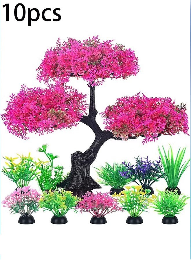 إيليلي 10 قطع من نباتات بلاستيكية اصطناعية لتزيين حوض السمك، مجموعة ديكور حوض السمك من شجرة زهر الكرز الوردية والعشب، زينة حوض سمك بيتا الذهبي، ملحقات جلود - Image 1