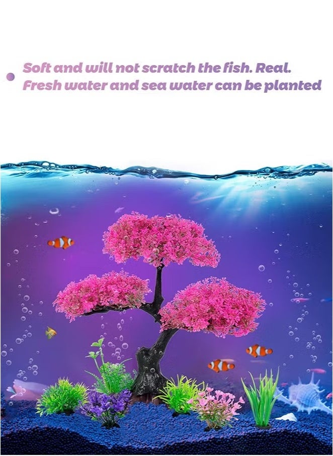إيليلي 10 قطع من نباتات بلاستيكية اصطناعية لتزيين حوض السمك، مجموعة ديكور حوض السمك من شجرة زهر الكرز الوردية والعشب، زينة حوض سمك بيتا الذهبي، ملحقات جلود - Image 5