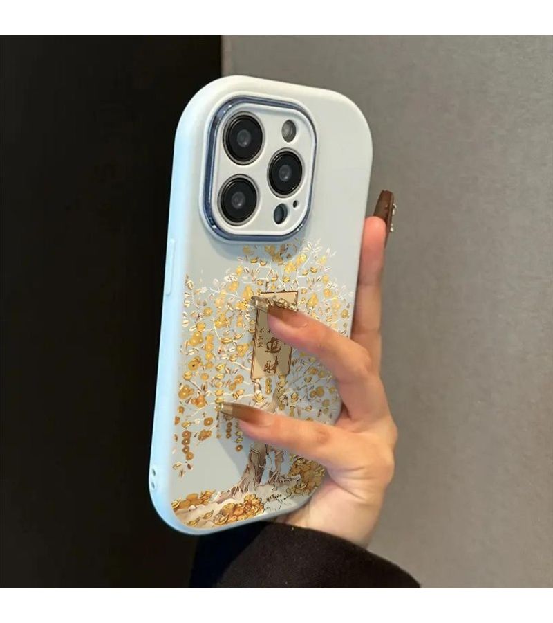 حافظة هاتف لجهاز iPhone 13 Pro Max، لون أبيض أنتيك، تصميم شجرة ذهبية للثروة والازدهار، حماية شديدة ضد السقوط والخدوش والكسر، قبلة مريحة، هدية مثالية لعيد الفصح - Image 1