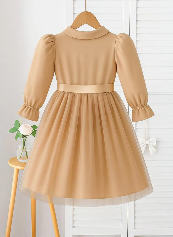 Take Two Solid Button Front Bow Detail Mesh Dress