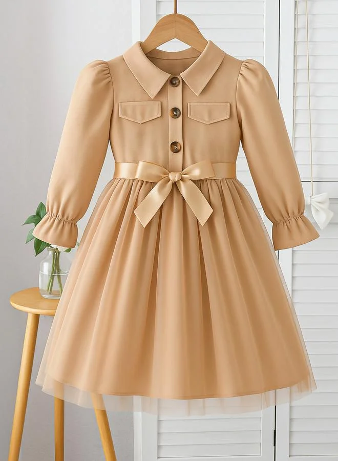 Take Two Solid Button Front Bow Detail Mesh Dress