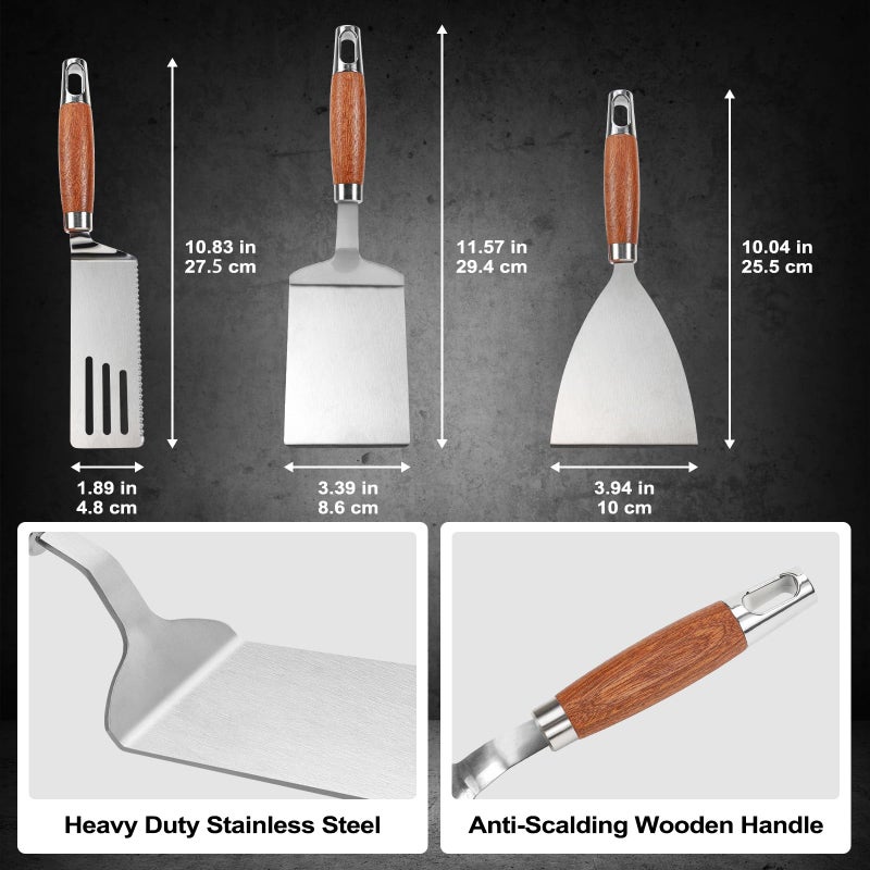 Vayvnt Stainless Steel Spatula Set, Vayvnt Metal Spatula Set for Cast Iron Skillet, Heavy Duty Solid & Slotted Grill Griddle Turners, Wooden Handle & Beveled Edge, Ideal for Grilling, Cooking, Barbecue - Image 2