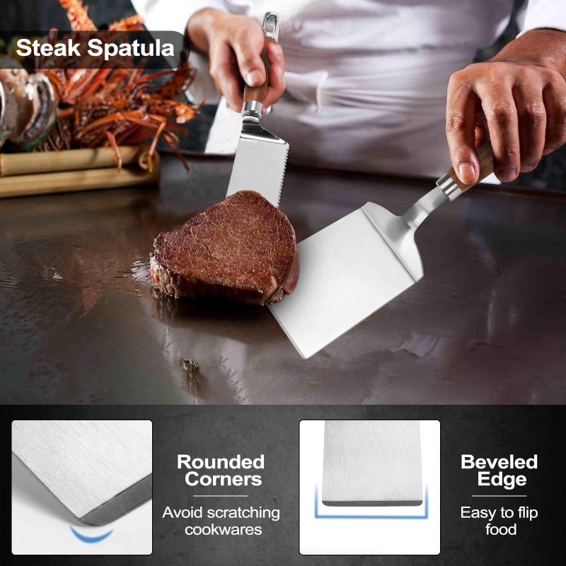 Vayvnt Stainless Steel Spatula Set, Vayvnt Metal Spatula Set for Cast Iron Skillet, Heavy Duty Solid & Slotted Grill Griddle Turners, Wooden Handle & Beveled Edge, Ideal for Grilling, Cooking, Barbecue - Image 3