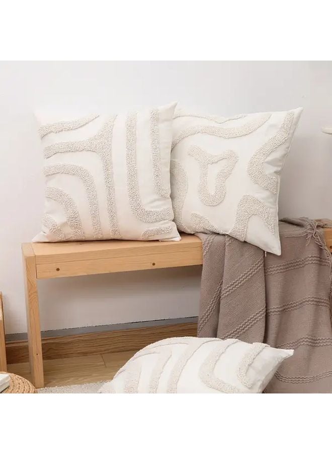 Boho Embroidered Tufted Throw Pillow Cover Ivory 18x18 Inch Geometric Pattern Polyester - Image 3