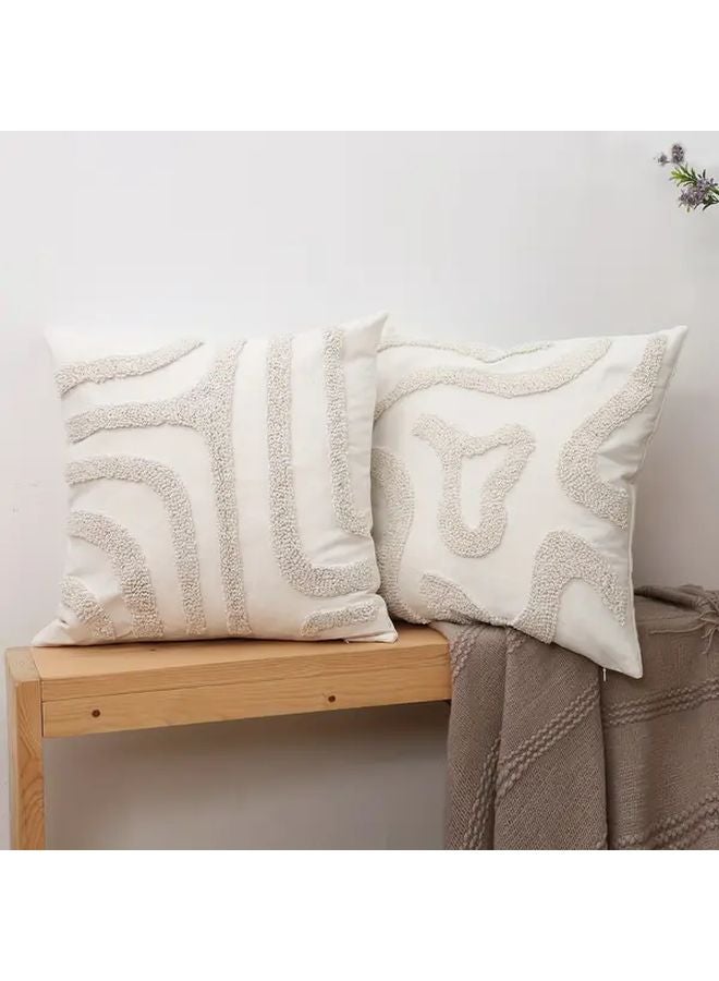 Boho Embroidered Tufted Throw Pillow Cover Ivory 18x18 Inch Geometric Pattern Polyester - Image 2